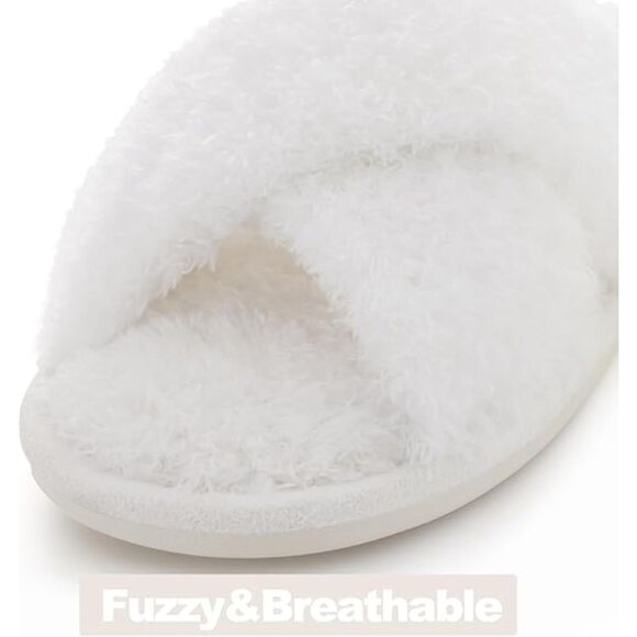 Women's Fuzzy Slippers Cross Band Velvet White Memory Foam House Slippers - Picture 3 of 6